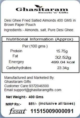Jaiccha Ghasitaram Rakhi Gifts for Brothers Rakhi Dryfruits - Desi Ghee Fried Salted Almonds 400 GMS in Brown Paper Pouch with Rudraksh Rakhi