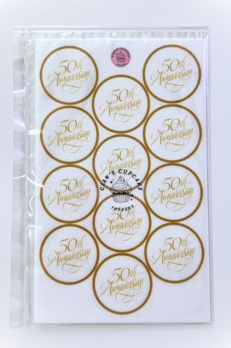 Gold 50th Anniversary Edible Cupcake Toppers – Golden Wedding Cake Decorations for 50 Celebrations & Parties – 24 x 4cm/1.5 Inch Discs (PRECUT)