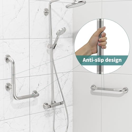 L-Shaped Angled Shower Grab Bar w/Straight Bathroom Safety Handrail 16 Inch, iHansee Brushed Nickel Knurled Handicap Grab Bar Wall Mounted, Anti Slip Toilet Bathtub Balance Support Bar for Elderly