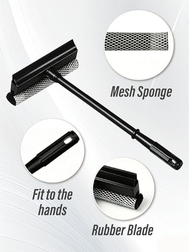 2 in1 Window Squeegee for Car, Window Cleaning Tool with 16inch Long Handle,Sponge Car Window Squeegee for Gas Station, Glass,Shower,Outdoor High Window Cleaning