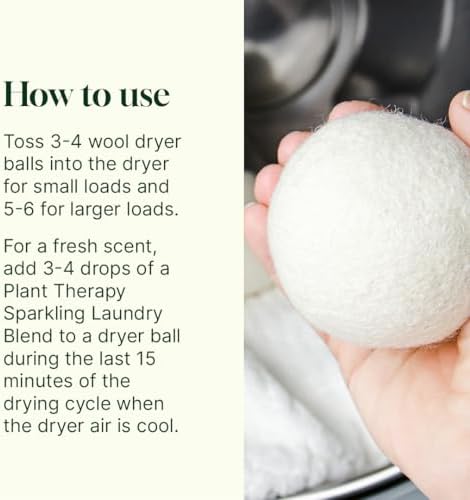 Plant Therapy Home Wool Dryer Balls 6-Pack 100% New Zealand Wool, Extra Large, Eco-Friendly, Reusable Natural Fabric Softener, All Natural & Chemical Free