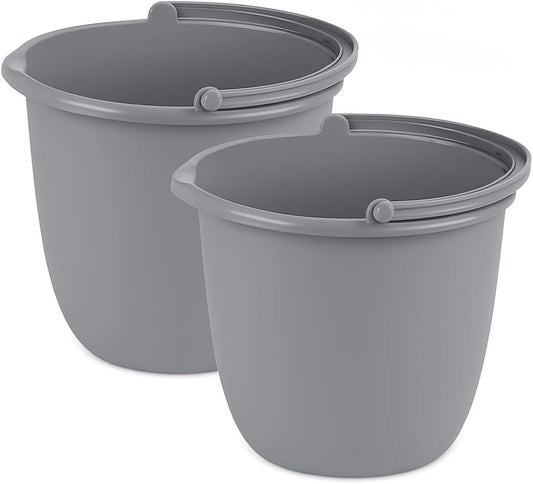 2 Pack 10 Quart Spout Pail – Classic Titanium Gray Plastic Bucket with Pour Spout and Handle for Cleaning, Mopping, Gardening, and Storage Use