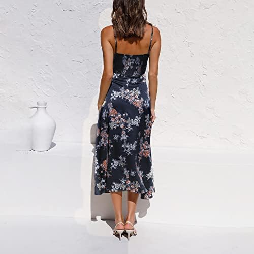 Fashionme Women Spaghetti Strap Midi Satin Dresses Tie Front Backless Slit Cutout Dress Semi-Formal/Casual Flowy Lightweight Navy Blue 2 Medium