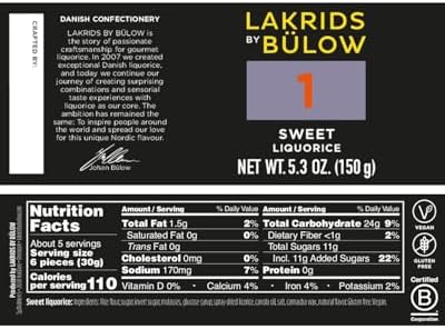 LAKRIDS BY BÜLOW - 1 - Black Licorice - Sweet - 5.3 oz - Vegan Gourmet Licorice from Scandinavia - Gluten Free & Gelatine Free - Swedish Candy Alternative