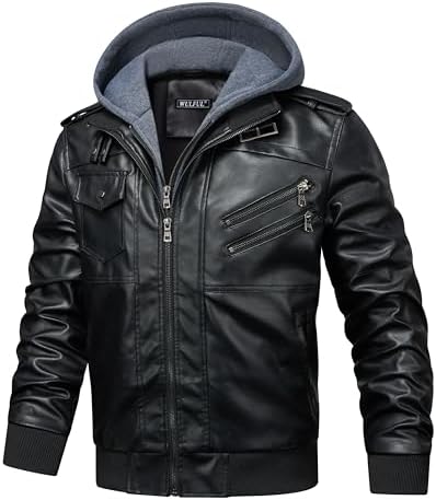 WULFUL Men's Leather Jackets, Faux Leather Jacket for Men Lapel Zip-Up Slim Fit Coat