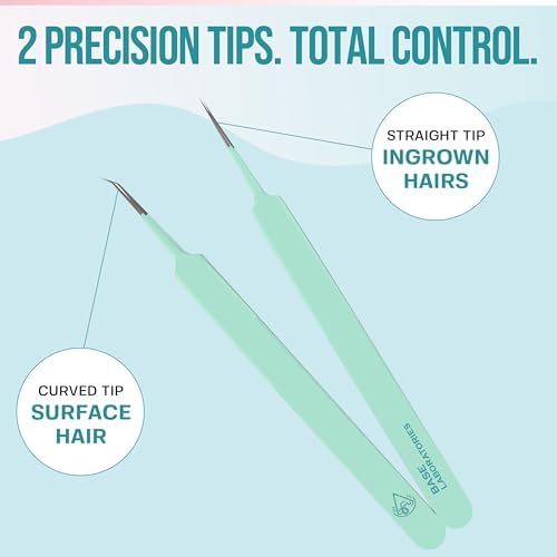 Base Labs Ingrown Hair Tweezers Set – 2 Pack Precision Tweezers for Ingrown Hair Removal, Curved & Pointed Tip Stainless Steel Tweezers with Protective Case for Razor Bumps, Splinters & Facial Hair