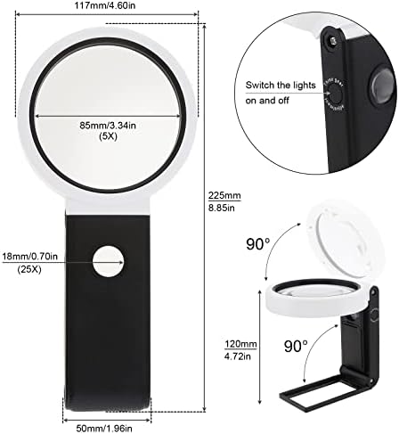 5X 25X Magnifying Glass, Folding Stand & Ruler Design & 8 LED Illuminated Magnifier Handheld Large Magnifying Glasses for Seniors Reading, Coins, Stamps, Map, Inspection, Powered by Battery