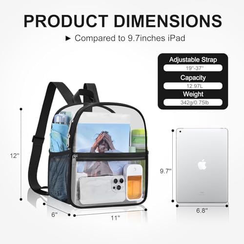 USPECLARE Clear Backpack Stadium Approved 12X11x6, Waterproof Clear Bag Stadium Backpack for Concert Work Sport Event