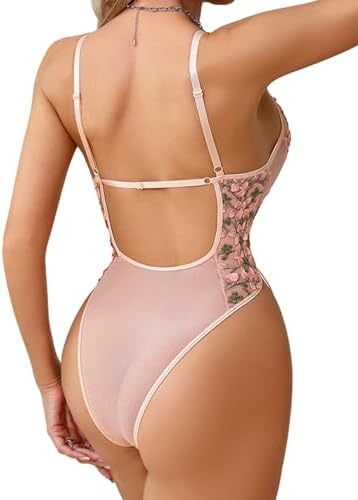 Lilosy Women Sexy Lace Up Floral Embroidered Teddy Babydoll Lingerie Bodysuit Top Mesh Sheer One Piece See Through Pink X-Large