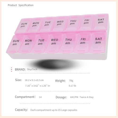 7 Day Weekly Pill AM PM Organizer, ShysTech Large Pill Case Pill Box for Pills/Vitamin/Supplements/Medication (Pink, Regular)