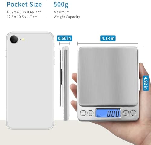Digital Gram Scale 500g 0.01g Food Scale High Precision Kitchen Scale Multifunctional Stainless Steel Pocket Scale with Back-Lit LCD Display Tare PCS Features Silver