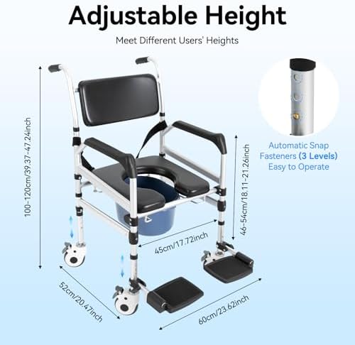 Shower Chair with Wheels Rolling Commode Chair for Toilet with Arms, Adjustable Height Folding Bath Commodes for Inside Shower, Bedside Wheelchair Bathroom Chairs for Elderly, Disabled, Injured