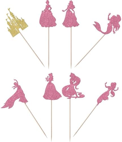 Rsstarxi 24 Pack Glitter Mermaid Theme Birthday Cupcake Toppers Princess Castle Girl Birthday Cupcake Toothpicks for Princess Mermaid Theme Baby Shower Birthday Party Cake Decorations Pink