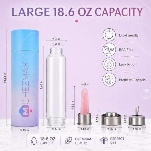 ChezMax Crystal Glass Water Bottle, Glass Water Bottles with Changeable Natural Crystal Center, Quartz Gemstone Water Bottle for Natural