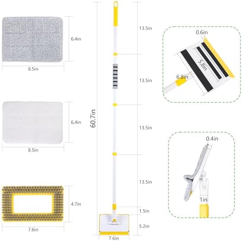 Baseboard Cleaner Tool with Long Handle,Wall Cleaner Mop with Extendable Handle 1 Stiff Bristles mop Head and 4 Reusable Cleaning Pads，Duster for Cleaning Tile Ceiling Window Skirting Board
