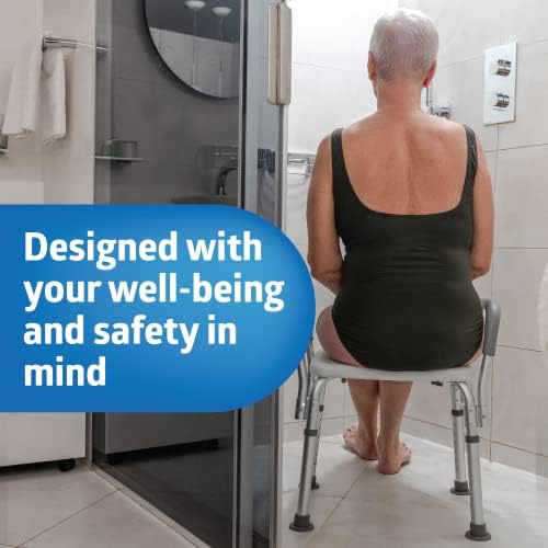 Medline Shower Chair for Elderly, Seniors, Adults & Disabled, Aluminum - Heavy Duty Shower Seat with Padded Arms and Back, Adjustable Height Bath Stool for Bathtub, 350 lb, Slip Resistant