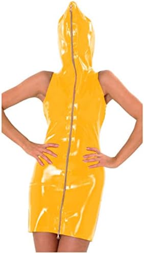 Ladies Sleeveless Latex Hooded Mini Dress Novelty Zipper Front PVC Cosplay Party Dress Sexy Bodycon Clubwear,Yellow,S