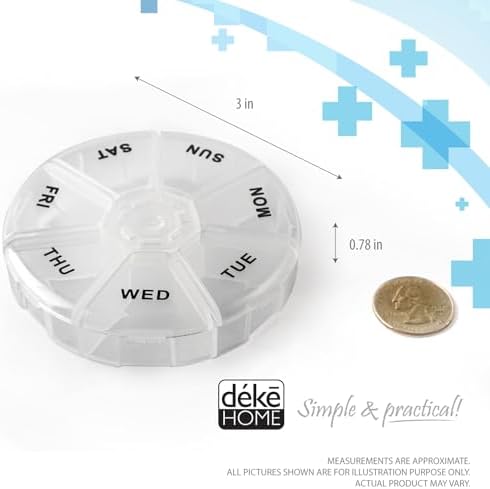 Deke Home - Round Portable Pill Box, Medicine Planner, Small 7 Day Weekly Travel Container, Medication, Vitamin Holder, Pillbox Organizer, Pill Dispenser, Daily Sorter & Reminder, BPA Free