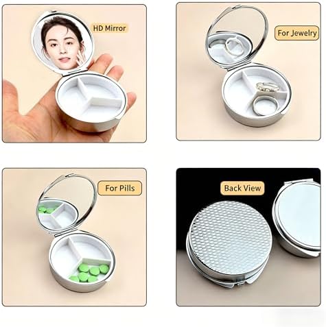 3 Compartment Metal Pill Box, Round Tiny Pill Case with Mirror, Portable Pill Organizer for Purse, Art Print, Multi-use Jewelry Container (Starry Night)