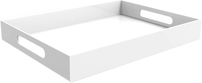 White Acrylic Serving Tray for Vanity, Bathroom, Outdoor, Food and DÃ©cor with Handles (Rectangle, Small)