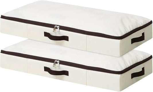 AMJ 2-Pack 4â Height Under-Bed Storage Baskets | Foldable Fabric Drawers for Clothes, Shoes, and Bedding, Beige