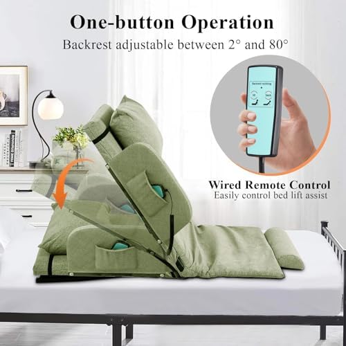 Electric Adjustable Bed Backrest with Side Handrails – 2–80° Sit-Up Backrest Chair, Remote Control, Washable Cushion & Headrest, Heavy-Duty Carbon-Steel Frame, 440 lbs Support – Green