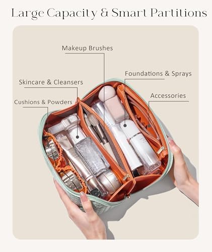 Large Capacity Travel Cosmetic Bag - Portable Makeup Bags for Women Waterproof PU Leather Checkered Makeup Organizer Bag with Dividers and Handle,Toiletry Bag for Cosmetics