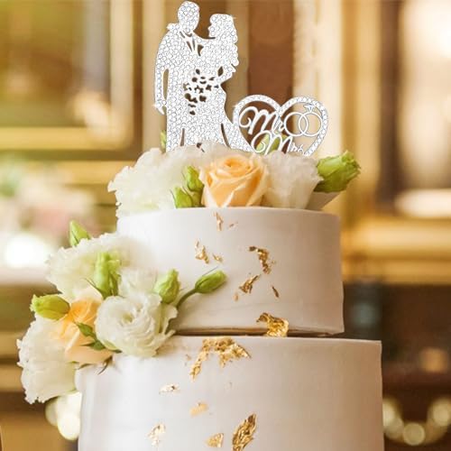Wedding Cake Topper Rhinestone Mr and Mrs Cake Topper Bride and Groom Bridal Shower Party Metal Silver Wedding Decorations Supplies