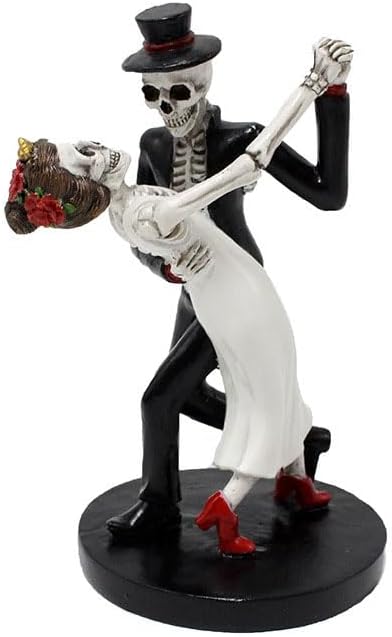 Skeleton Bride and Groom Figurine Wedding Cake Topper, Love Till Death Dancing Skull Couple Statue, Death Themed Skeleton Party Halloween Decoration (Romantic dance)