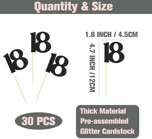 Sotpot 30 Pack Happy 18th Cupcake Toppers 18 Birthday Cake Decorations for 18th Birthday Wedding Anniversary Party Supplies Black Glitter