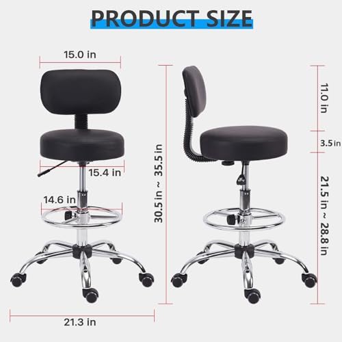 KLASIKA Drafting Swivel Chair with Back Support and Adjustable Footrest Rolling Stool, Multi-Purpose Office Desk Chair for Bar Kitchen Shop, Black