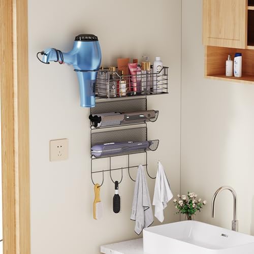VITVITI Metal Hair Tool Organizer Wall Mount, Hair Dryer Holder with 3 Tier Shelf Basket Hooks, Bathroom Hair Styling Tool Organizer for Curling Iron/Blow Dryer/Straightener, Matte Black