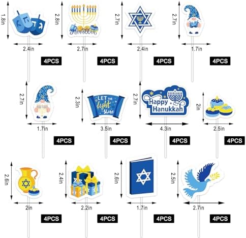 Whaline 48Pcs Happy Hanukkah Cupcake Topper Menorah Star Gnome Cupcake Picks Blue Chanukah Food Picks for Cake Decoration Party Supplies