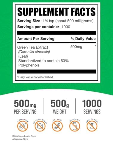 BulkSupplements.comgreen Tea Extract Powder - 50% Polyphenols Supplement, EGCG Supplements - Gluten Free, 500mg per Serving, 500g (1.1 lbs) (Pack of 1)