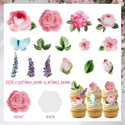 100Pcs Edible Flowers Cake Decorations - Wafer Paper Edible Flowers & Butterflies & Leaves Cupcake Toppers, Flower Cupcake Toppers for Wedding Birthday Baby Shower Party Cake Decorating