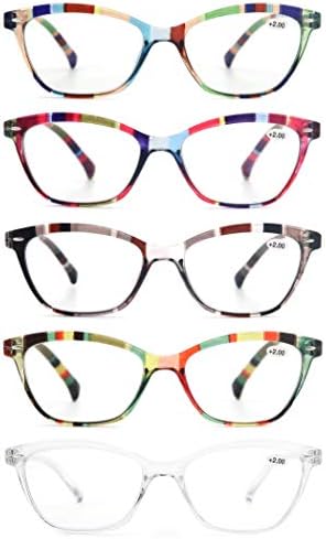 MODFANS Womens Reading Glasses Women 5 Pack Fashion Ladies Readers Comfort Spring Hinge Lightweight cateye Frame with Pouch 1.25