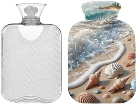 Seashells on The Beach Beige Hot Water Bottle with Soft Cover Feet Warmer with Soft Cover Hot Water Bag for Neck, Shoulder and Menstrual Cramps, 2L