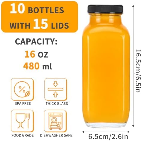 CUCUMI 10pcs 16oz Glass Juice Bottles with Lids, Reusable Juice Containers Drinking Jars Water Cups with Brush, Glass Straws, Lids with Hole | 10pcs, with Lids, Reusable, Juice Containers, Drinking Jars, Water Cups