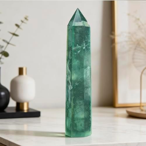 5.8-6.2 Inch Natural Green Fluorite Crystal Point 2Pcs Set, Single Terminated Hexagonal Prism Stone, Energy Protection Spiritual Awakening Crystal, Reiki Meditation Home Decor Ornament Gift