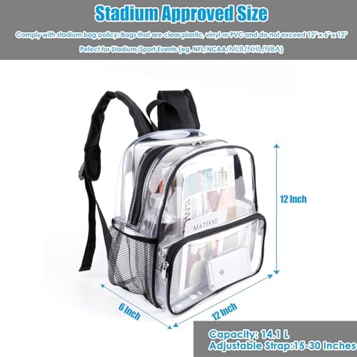 Crosstime Clear Backpack for Stadium Events 12x6x12, Stadium Approved Transparent Bag with Reinforced Straps for Sports, Games, Concerts, Festivals