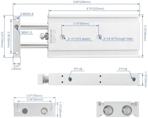 Baomain CXSM25x150 Double Rod Pneumatic Air Cylinder,0.98 inch(25 mm),Stroke 5.9 inch(150 mm), Double-Acting,Aluminum Body for Industrial Automation