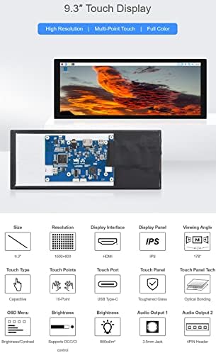 9.3inch IPS HDMI 1600×600 Capacitive Touch Display LCD Panel Monitor for Raspberry Pi 5/4B/3B/Zero/Zero W/Zero 2W/Pico/Pico W/Pico WH Jetson Nano PC Windows 11/10 / 8.1/8 / 7