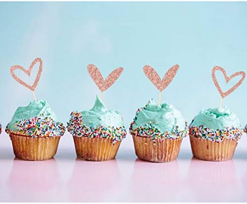 24 PCS Rose Gold Glitter Heart Cupcake Toppers Cute Design Love Cupcake Toppers for Wedding Bridal Anniversary Baby Shower Party Decorations Supplies