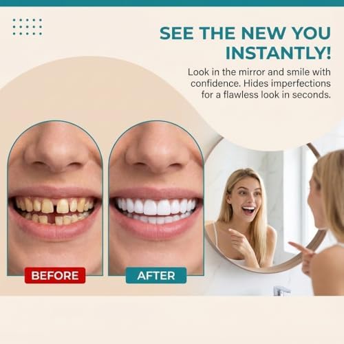 Snap On Veneers (Upper & Lower) - Moldable Fake Teeth Covers for Missing Teeth. Natural Shade Clip On False Teeth. Temporary Cosmetic Veneers for Men & Women (Comfort Fit)