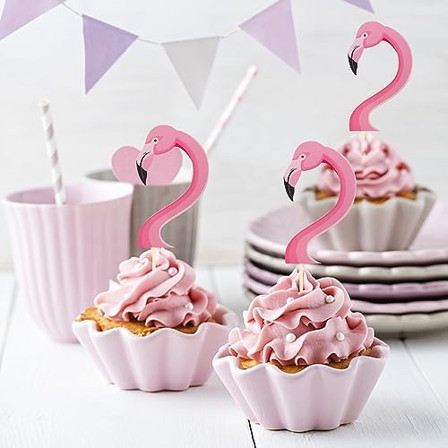 24Pcs Flamingo Cupcake Toppers, Tropical Cupcake Toppers Aloha Cake Decorations for Luau Hawaiian Theme Baby Shower Flamingo Birthday Party Supplies