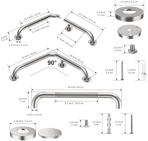 L-Shaped Angled Shower Grab Bar w/Straight Bathroom Safety Handrail 16 Inch, iHansee Brushed Nickel Knurled Handicap Grab Bar Wall Mounted, Anti Slip Toilet Bathtub Balance Support Bar for Elderly