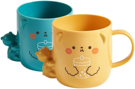 ULTECHNOVO 2-Pack Cute 3D Bear Kids Toothbrush Cup, Shatterproof Reusable Plastic Mouthwash for Toddlers, 3.9" Portable Rinse Cup for Brushing Teeth, Children's Bathroom Tumbler (Assorted Colors)