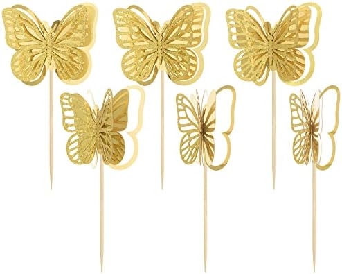 Gyufise 24 Pack 3D Butterfly Cupcake Toppers Assembled Double Layers Gold Glitter Butterfly Cupcake Picks Decorations for Baby Shower Kids Birthday Party Supplies