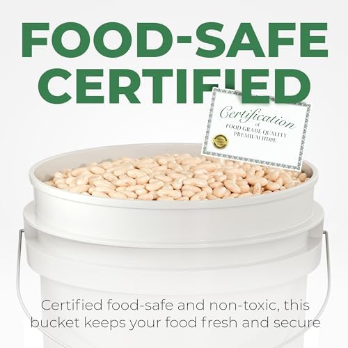 5-Gallon White Bucket Pail Container with Lid | Food Grade | Heavy-Duty Approx 90 MIL Extra Durable | Metal Handles with Plastic Grip | Multi-Use | Easy Stack and Store | BPA Free - 1 Pack