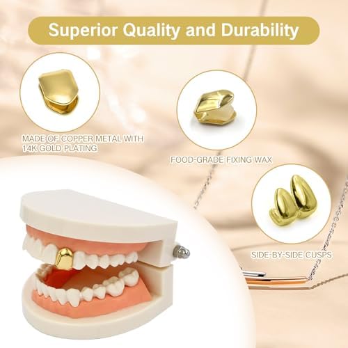 Teeth Single Tooth Cap Gold Caps for Women and Men Hip Hop Grillz Dental Mouth Piece Fake Open Face Grills Kit Stylish Golds for Girls Painted Hip Hop Accessories